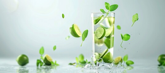 Wall Mural -  A tall glass of lime juice with lime slices and mint leaves floating inside 