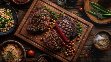 Wall Mural - Grilled Steak with Beans, Herbs, and Spices on Wooden Cutting Board