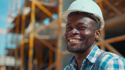 Wall Mural - A smiling construction manager chats with engineers on-site.generative ai