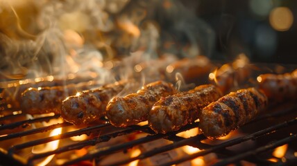 Close-up of Grilled Sausages on a Barbecue Grill with Flames