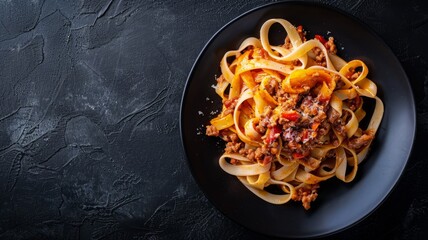 Wall Mural - Fettuccine Pasta with Bolognese Sauce on a Black Plate