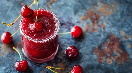 Wall Mural -  A frosty glass of cherry juice with cherries skewered on a toothpick 