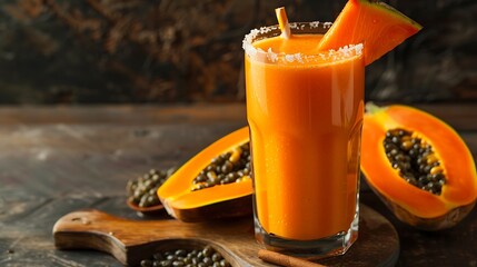 Wall Mural -  A frosty glass of papaya juice with a papaya slice on the rim 