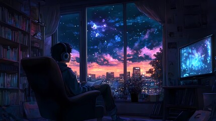 anime style It's a stunning night and a boy wear headphone in the cozy chair is looking out the window and listening the calm music