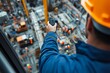 © TEERAPAT - A crane operator's perspective from high above a bustling construction site, hand on the radio controls, with a panoramic view of workers and machinery below