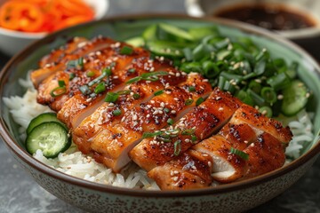 Sticker - Close-up of a bowl of teriyaki chicken with rice, cucumber, and scallions