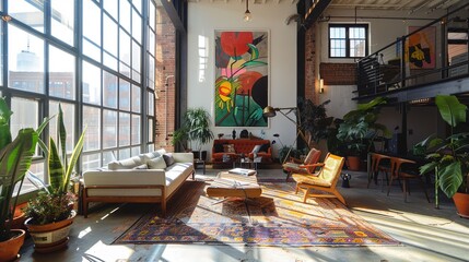 a minimalist new york city loft with light beaming through large metal frame windows, dramatic, wide angle, mid century modern furniture, pop art on the wall, large scale plants