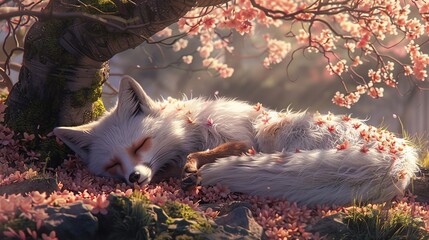 Sticker - Sleeping Fox Under Cherry Blossoms