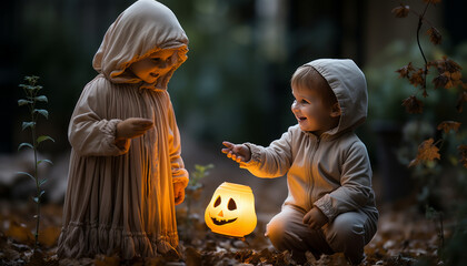 two children dressed up for halloween,dressed as a ghost standing in garden, holding orange lantern.generative ai