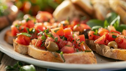 Wall Mural - Close-up of Bruschetta Topped with Diced Tomatoes, Basil, and Olives