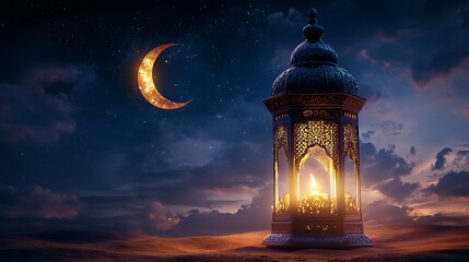 Poster - Eid Mubarak and Ramadan Kareem greetings with an Islam crescent, lantern, mosque bokeh background