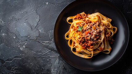 Wall Mural - Fettuccine pasta with bolognese sauce on a black plate