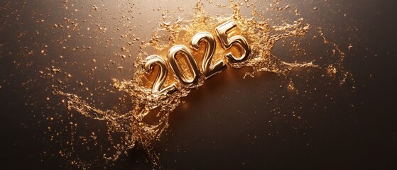 Golden 2025 New Year splash design with metallic numbers and liquid gold effect on dark textured background