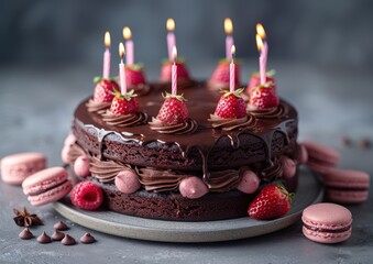 Birthday Chocolate Cake with Strawberries and Macarons