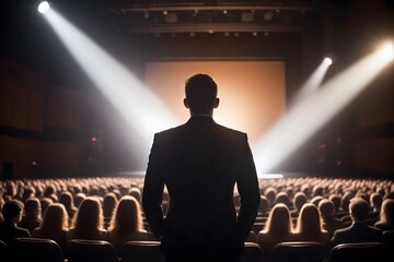 A man in a suit stands on a stage facing an audience, bathed in the light of a spotlight.