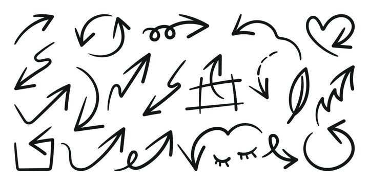 Hand drawn arrow mark icons vector. Scribble doodle underline emphasis line shape set. brush stroke highlight speech bubble cloud sparkle arrow element in childish drawing style.