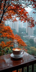 Wall Mural - A cup of coffee in the autumn rain overlooking a city. 