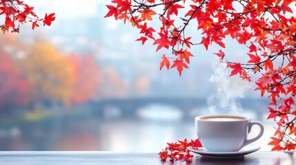 Wall Mural - A cup of coffee in the autumn rain overlooking a city. 