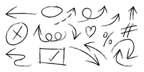 Poster - Hand drawn arrow mark icons vector. Scribble doodle underline emphasis line shape set. brush stroke highlight speech bubble cloud sparkle arrow element in childish drawing style.