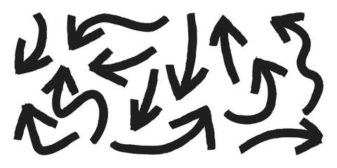Poster - Hand drawn arrow mark icons vector. Scribble doodle underline emphasis line shape set. brush stroke highlight speech bubble cloud sparkle arrow element in childish drawing style.