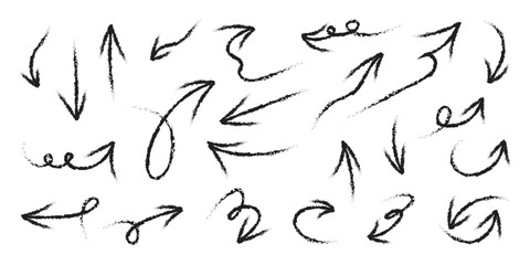 Poster - Hand drawn arrow mark icons vector. Scribble doodle underline emphasis line shape set. brush stroke highlight speech bubble cloud sparkle arrow element in childish drawing style.