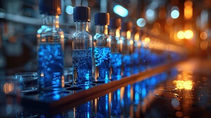 Rows of test tubes filled with blue liquid in a laboratory setting, symbolizing scientific research and experimentation