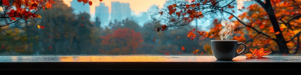 Wall Mural - A cup of coffee in the autumn rain overlooking a city. 