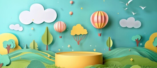 Paper Art Landscape with Hot Air Balloons and Podium