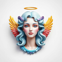 Sticker - colorful retro theme angel head 3d art logo in plain white background