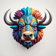 Sticker - colorful retro theme bison head 3d art logo in plain white background