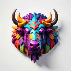 Wall Mural - colorful retro theme bison head 3d art logo in plain white background