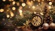 © CLOVER BACKGROUND - Golden Hour Countdown: Antique clock nestled in festive decor, marking the magical moments before midnight on New Year's Eve.