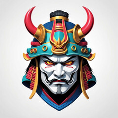 Sticker - colorful retro theme samurai head 3d art logo in plain white background