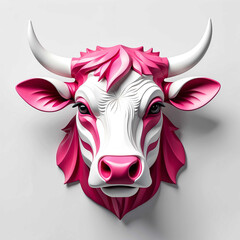 Wall Mural - pink theme cow head 3d art logo in plain white background