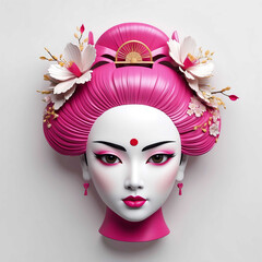 Poster - pink theme geisha head 3d art logo in plain white background