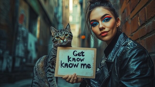 Empower Your Space: Bold Woman in Leather Jacket with Playful Street Cat - Perfect Poster for Urban Decor and Sporty Interiors, Capturing 'Get to Know Me' Spirit!