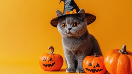 Grey cat wearing witch hat next to pumpkins on orange background