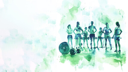 Wall Mural - Green watercolor painting of A group of sports person exercise at gym