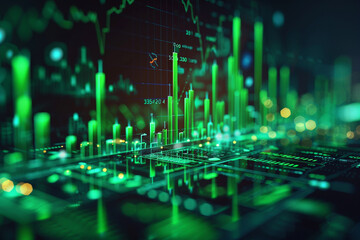 Wall Mural - abstract technology background showcases vibrant green candlesticks ascending, symbolizing surge in cryptocurrency value, with graphical depictions of volume and time intervals illustrating historica