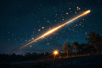 Wall Mural - Enchanting shooting star gracefully streaks through night sky, inspiring wonder and sparking creativity as it leaves a dazzling trail of light in its wake, encouraging dreams to soar to new heights