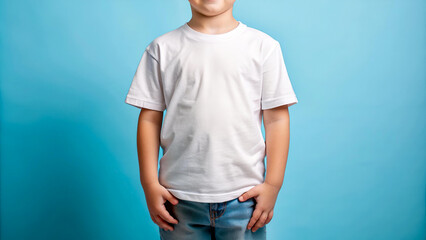 A male child wears a Bella Canvas white shirt, posing against a blue background. This mockup showcases a t-shirt design template for print and presentation purposes.