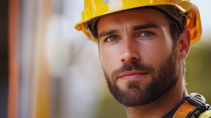 Wall Mural - The Determined Builder: A close-up portrait of a young construction worker in his hard hat, exuding confidence and determination. 