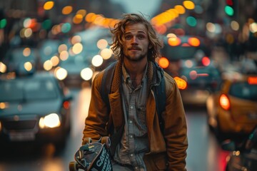 Canvas Print - Man with Skateboard in City Traffic