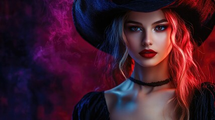 Caucasian female model with bold makeup wearing large hat in moody, vibrant background