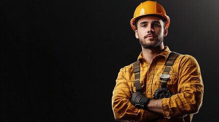 Wall Mural - Construction Worker Confidently Standing with Arms Crossed: A rugged construction worker stands tall and proud, his arms crossed, wearing a yellow hard hat and overalls. The dark background adds a sen