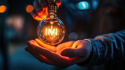 Sticker - The Spark of Innovation: A hand carefully cradles a glowing light bulb with the word 