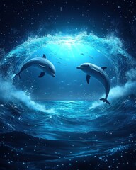 Wall Mural - Mesmerizing Nighttime Ocean Scene with Two Dolphins Playfully Leaping through Sparkling Waves under a Starry Sky