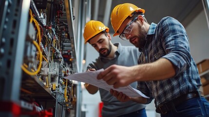 Electrical Engineers Collaborating: Two focused electricians in hard hats and safety glasses meticulously examine schematics, their teamwork and expertise evident in their focused collaboration. The i