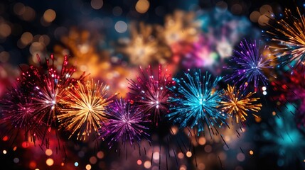 Wall Mural - Colorful firework with bokeh background with copy space for New Year celebration, Abstract holiday background  