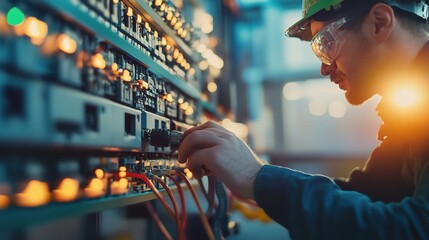 Poster - Connecting the Future: A skilled technician meticulously works on a server rack, ensuring seamless data flow in a vibrant tech environment. 